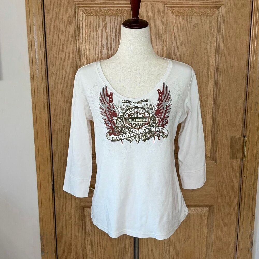 Harley-Davidson Women’s Graphic 3/4 Sleeve T-Shirt XXL White Biker Rider Motorcy